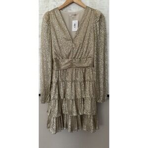 Skies Are Blue Gold Metallic Golden Hour Tired‎ Holiday Party Dress Small NEW!